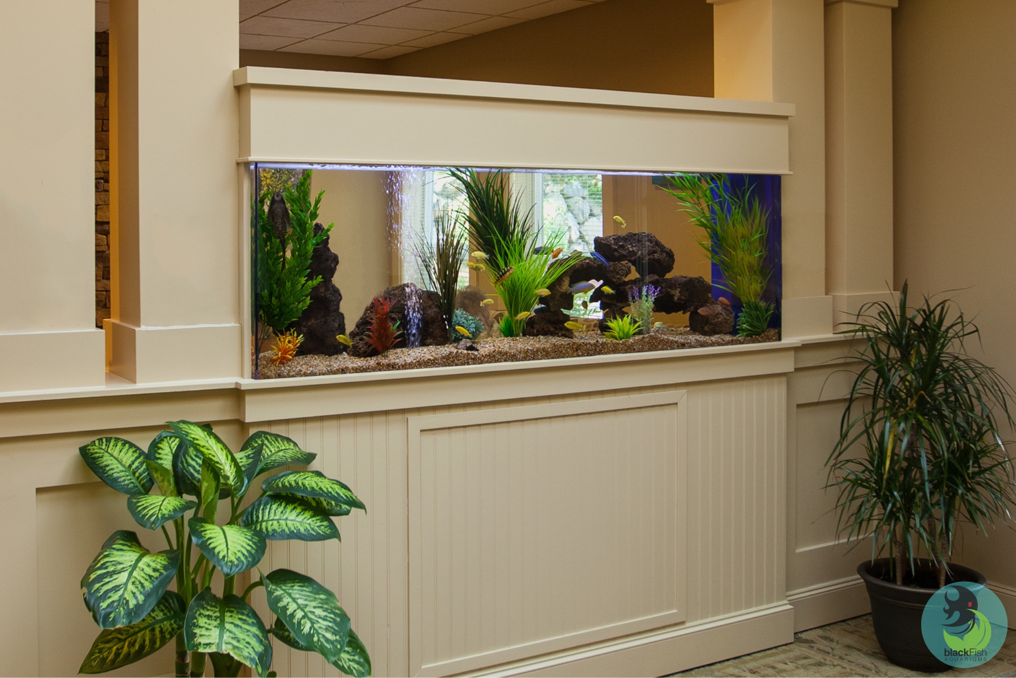 Built-in rectangular aquarium with colorful fish, plants, and rocks in a beige wall with two potted plants nearby.