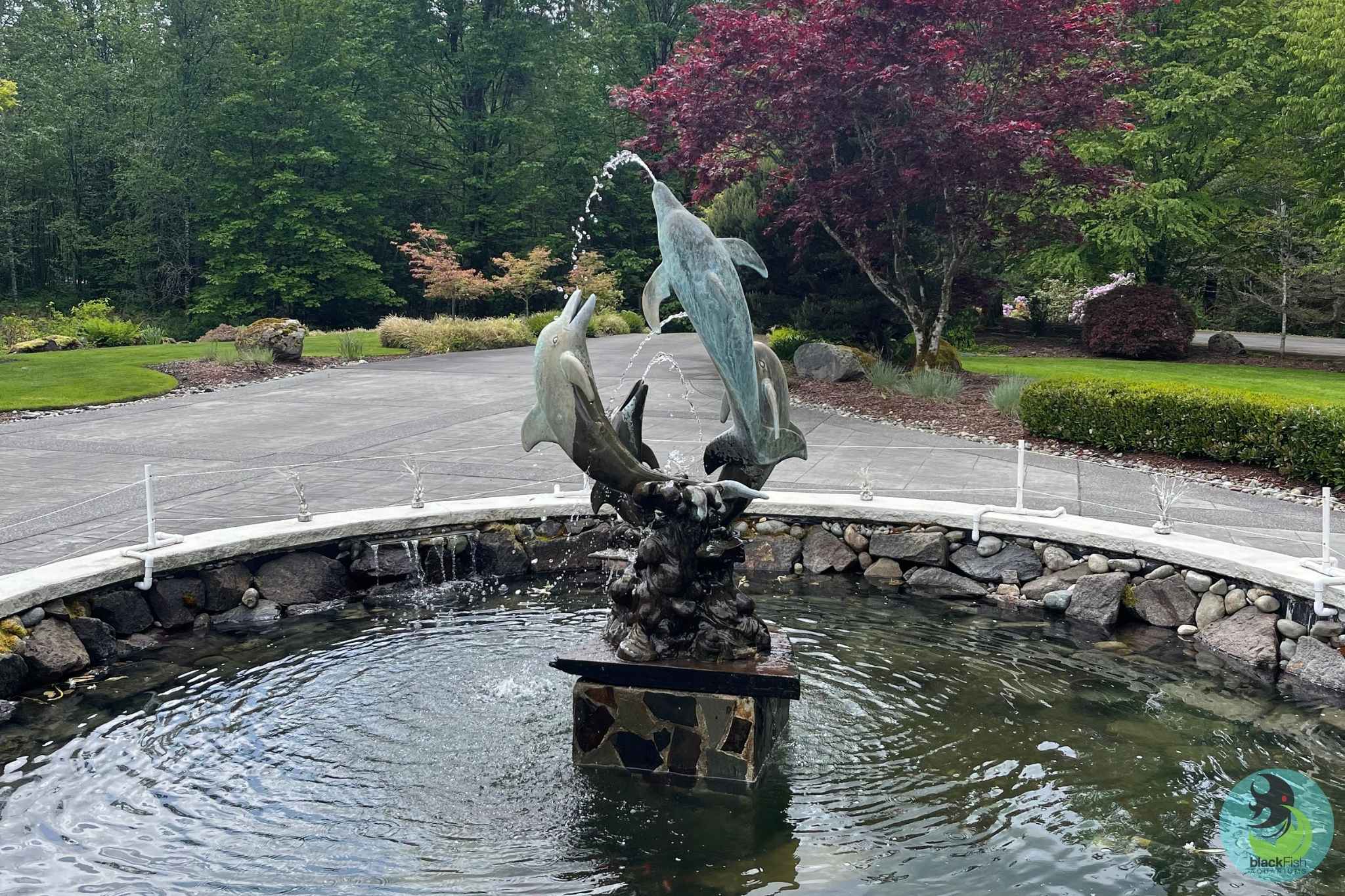 Fountain with three dolphin statues spouting water in a landscaped garden with trees and shrubs.