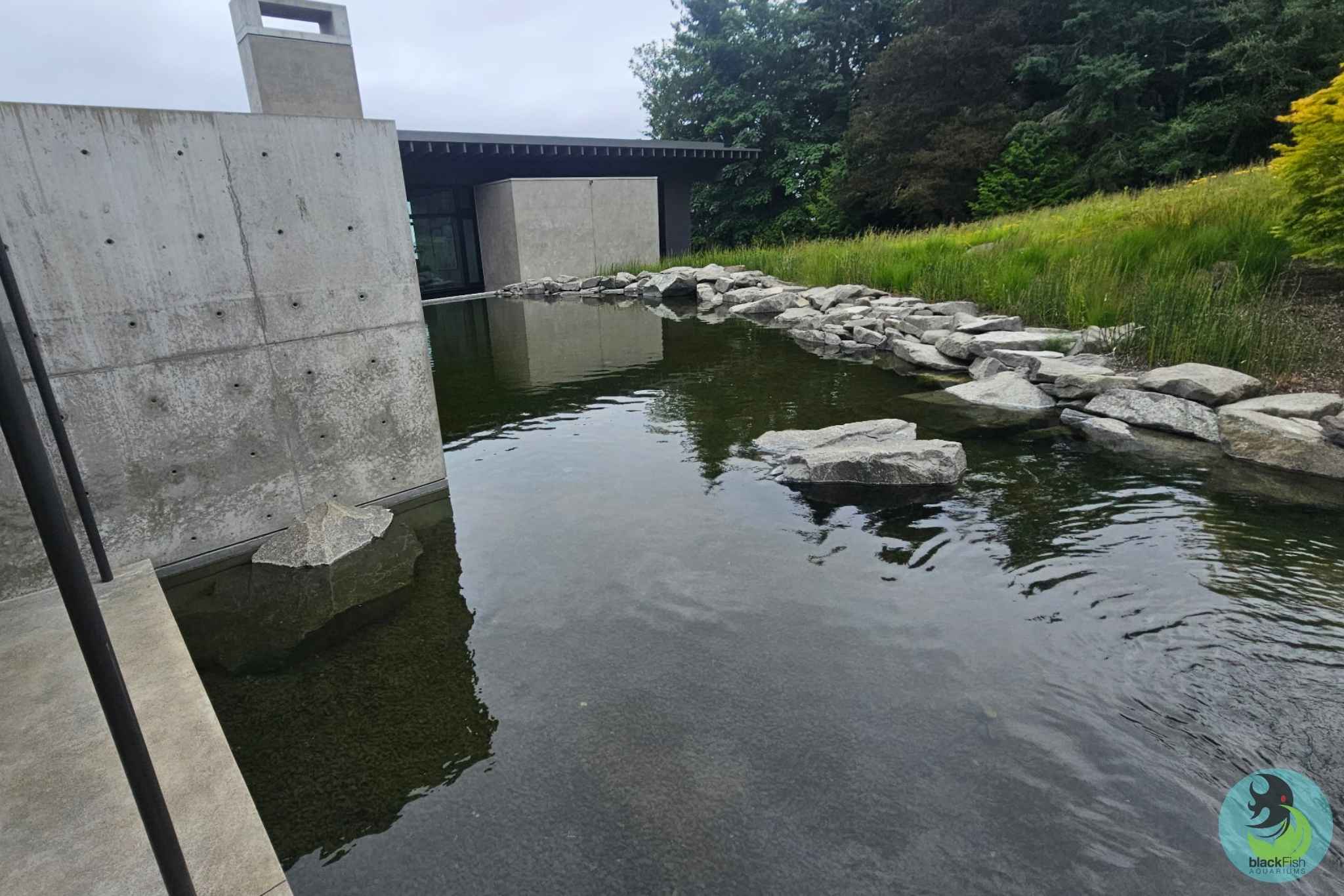 Modern concrete building with a reflecting pond edged by rocks and grass under a cloudy sky.
