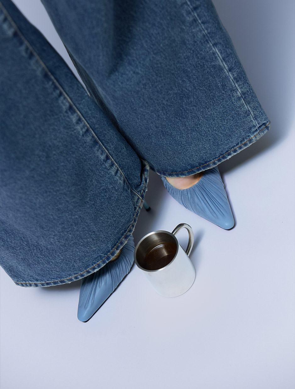 blue heels on pale blue floor