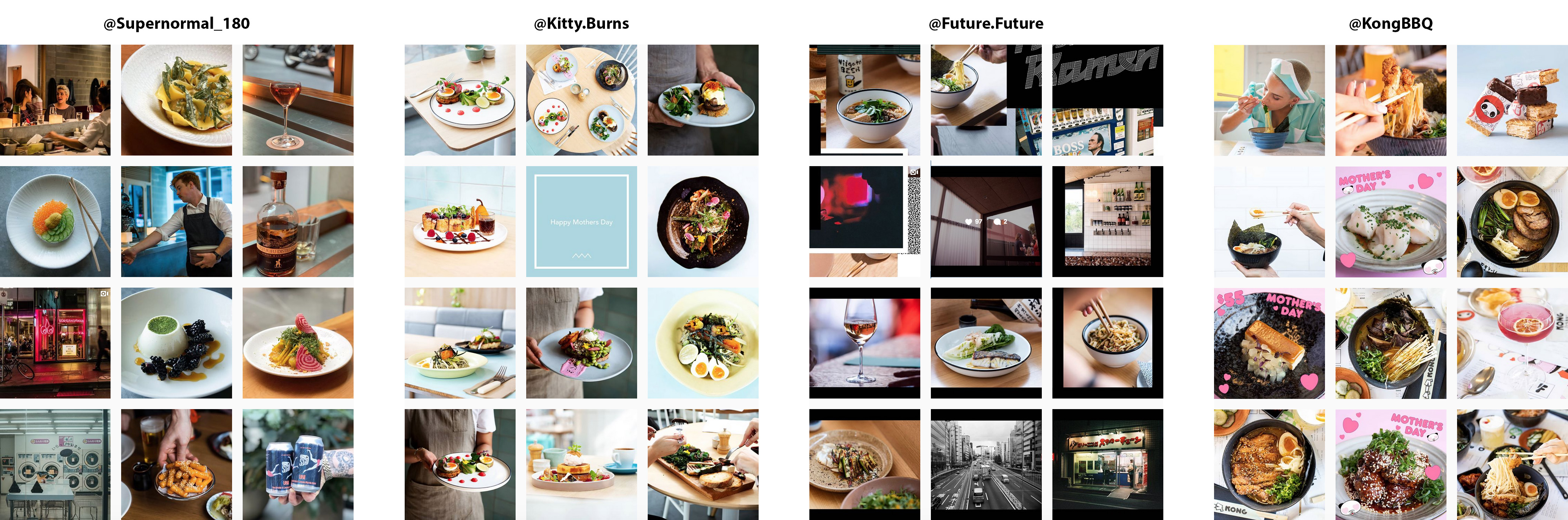 Example of four restaurant's Instagram feed
