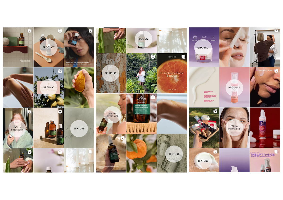 Screenshot of three examples of instagram grids