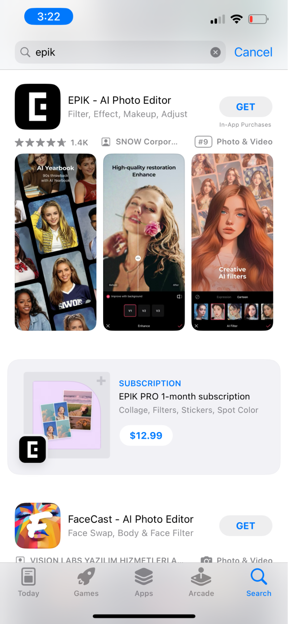 Screenshot of searching 'Epik' in the app store