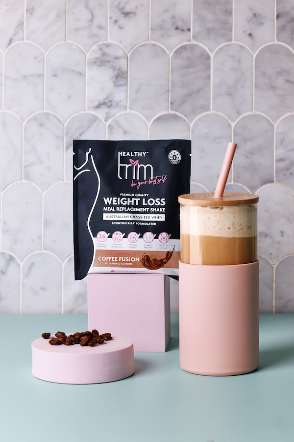 Photo of Healthy Trim's shake on a counter top