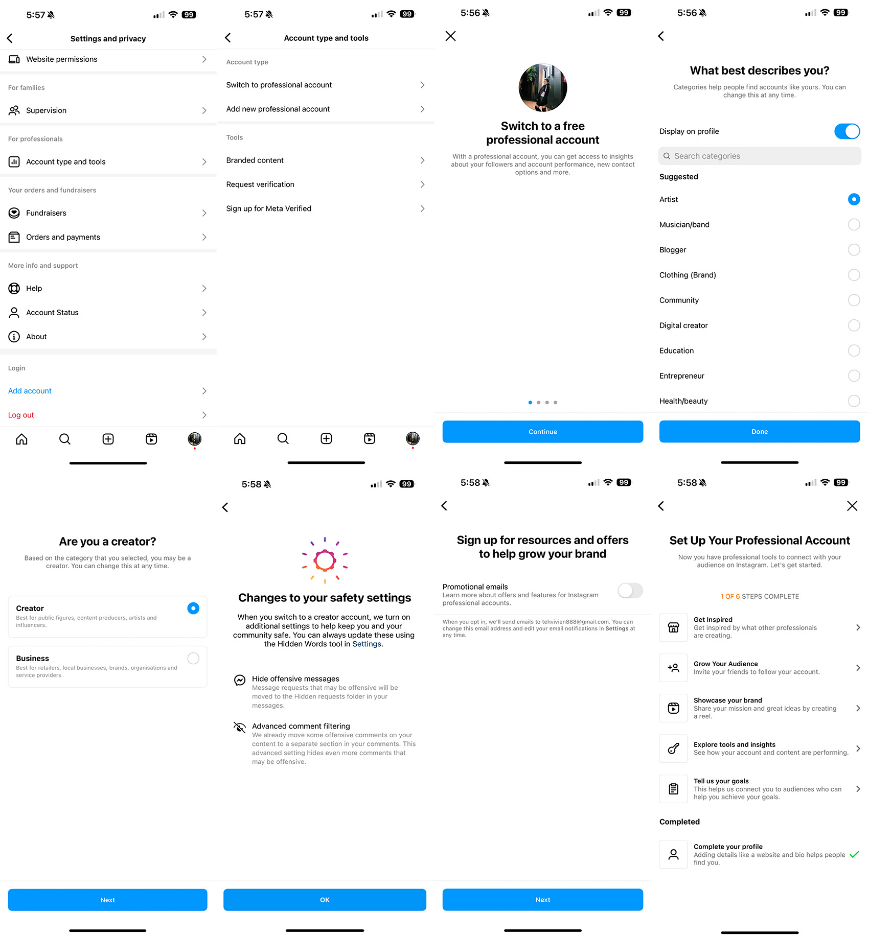 Step by step screenshot tutorial of how to set up your professionnal account.