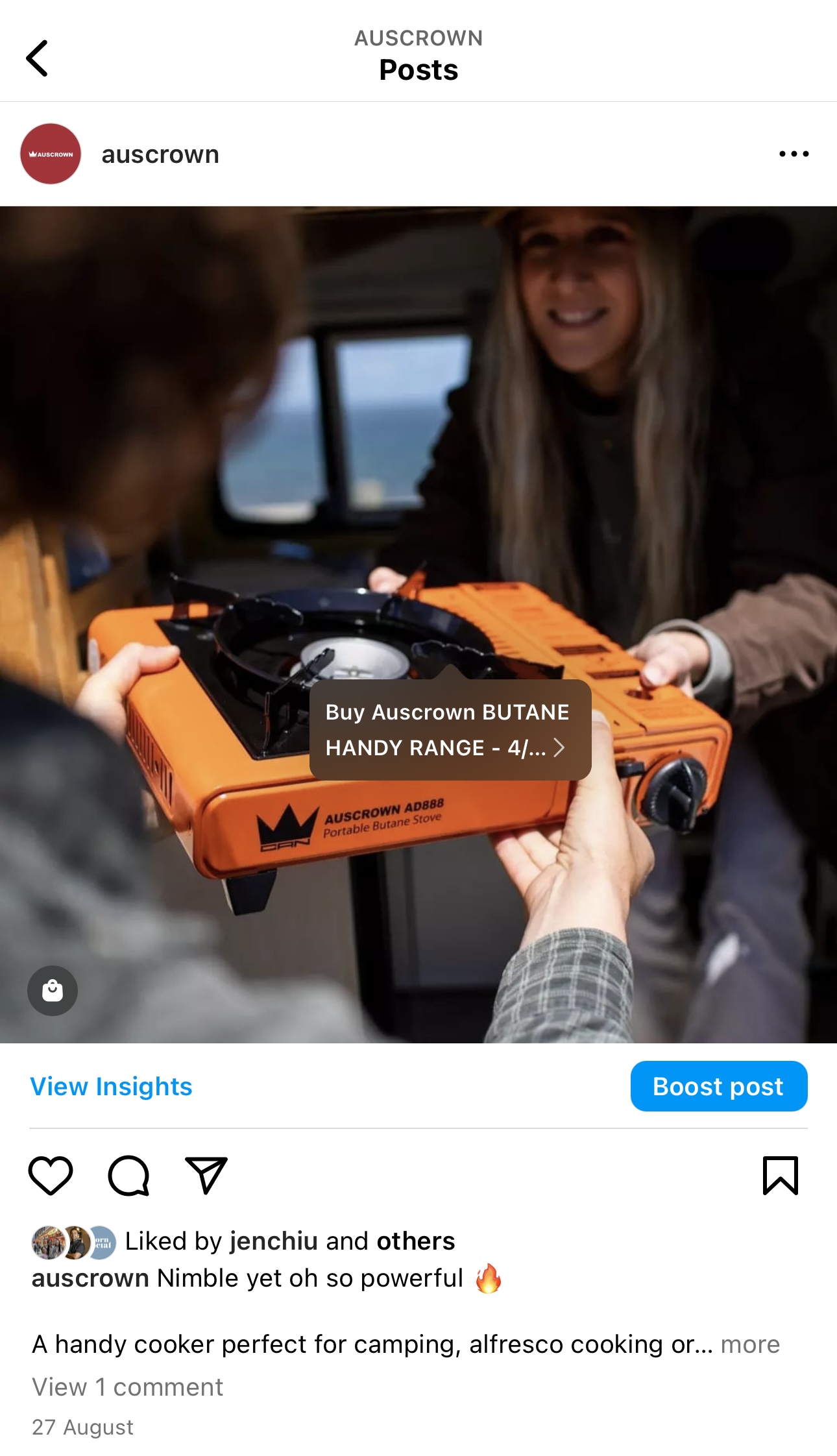 Screenshot of Instagram post from Auscrown, with product tagged in the image.
