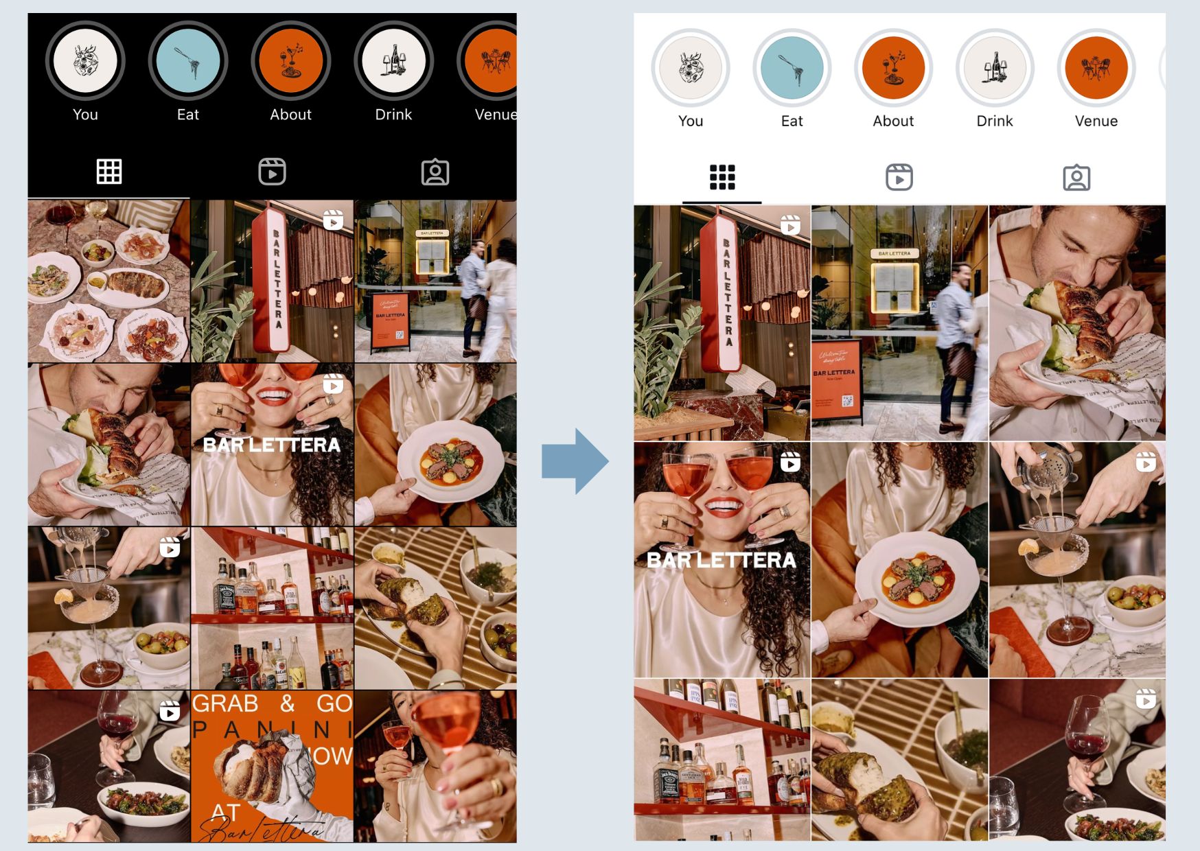 Graphic comparing before and after of Instagram's grid