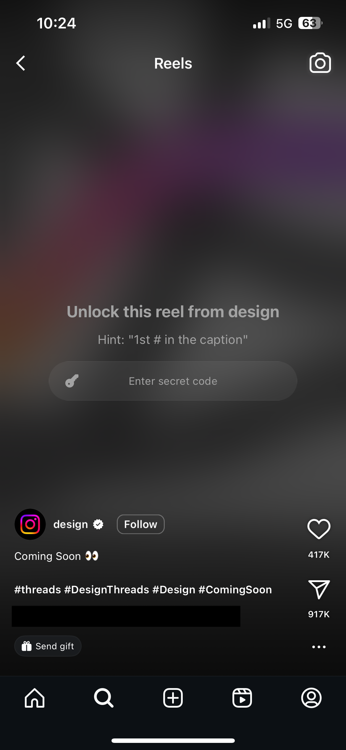 Screenshot of a blurred reel on Instagram, with the text "unlock this reel from design"
