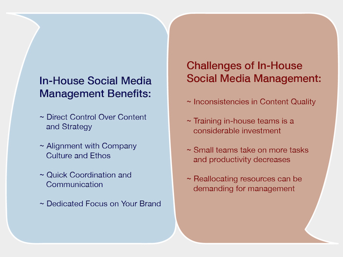 Infographics showing pros and cons of in house social media management