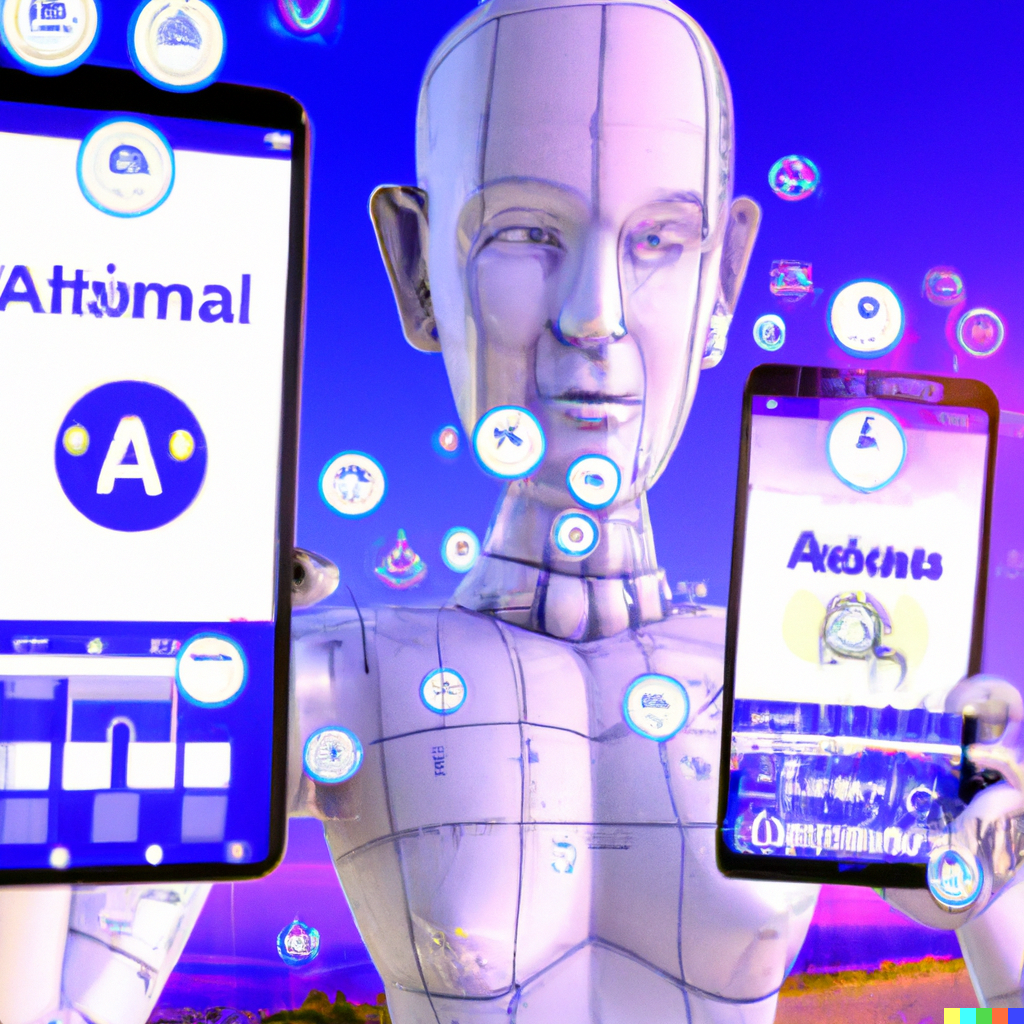 Illustrative image of a robot holding two phones