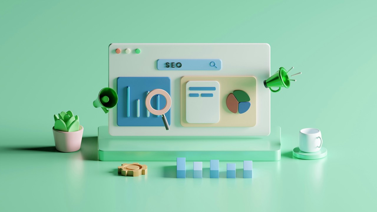 illustration of a screen with the text 'SEO' against a green backdrop
