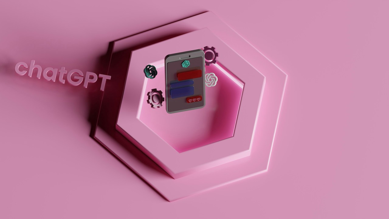 Illustration of a phone with the text 'chat GPT against a pink backdrop