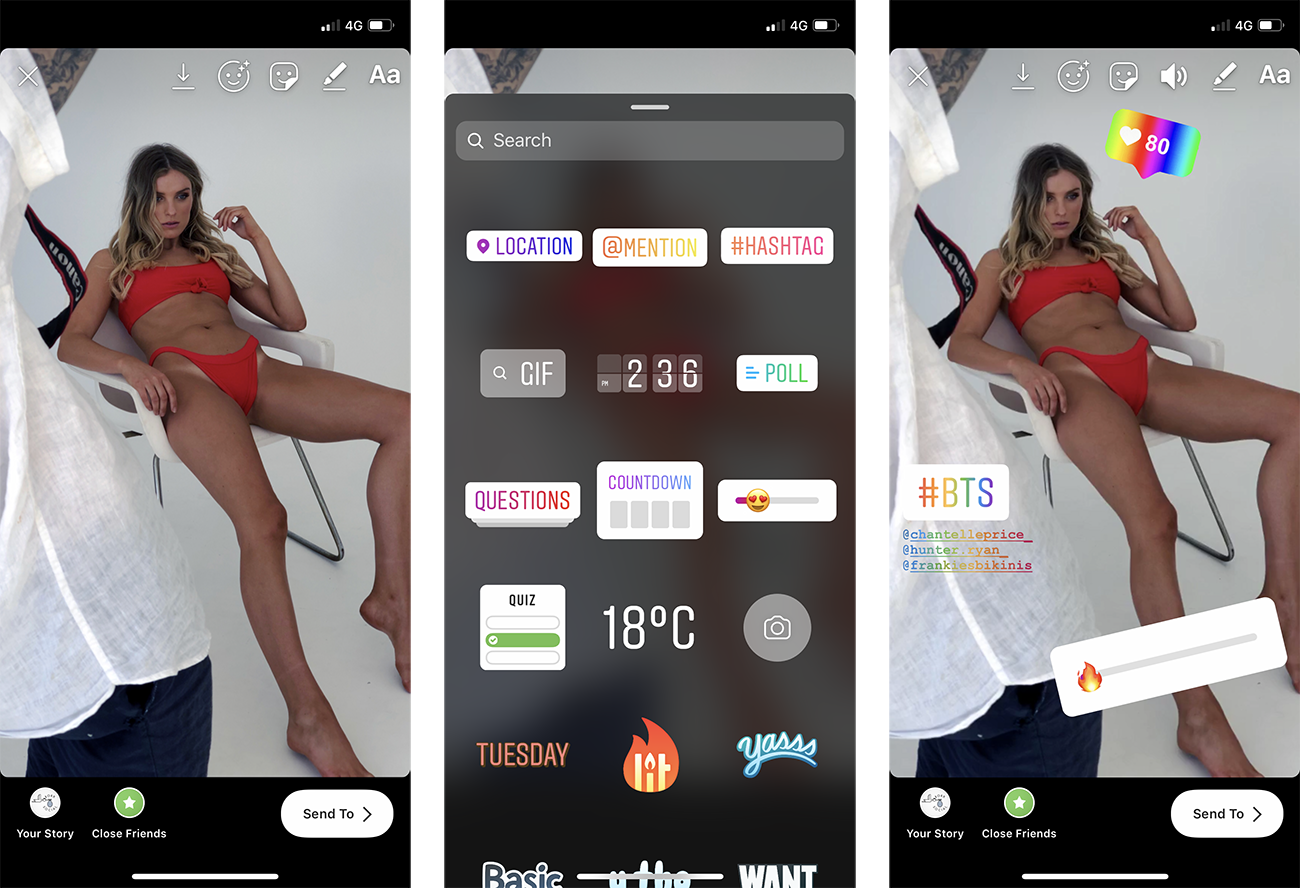 Screenshot examples of a 3 step method of adding stickers to your Instagram story