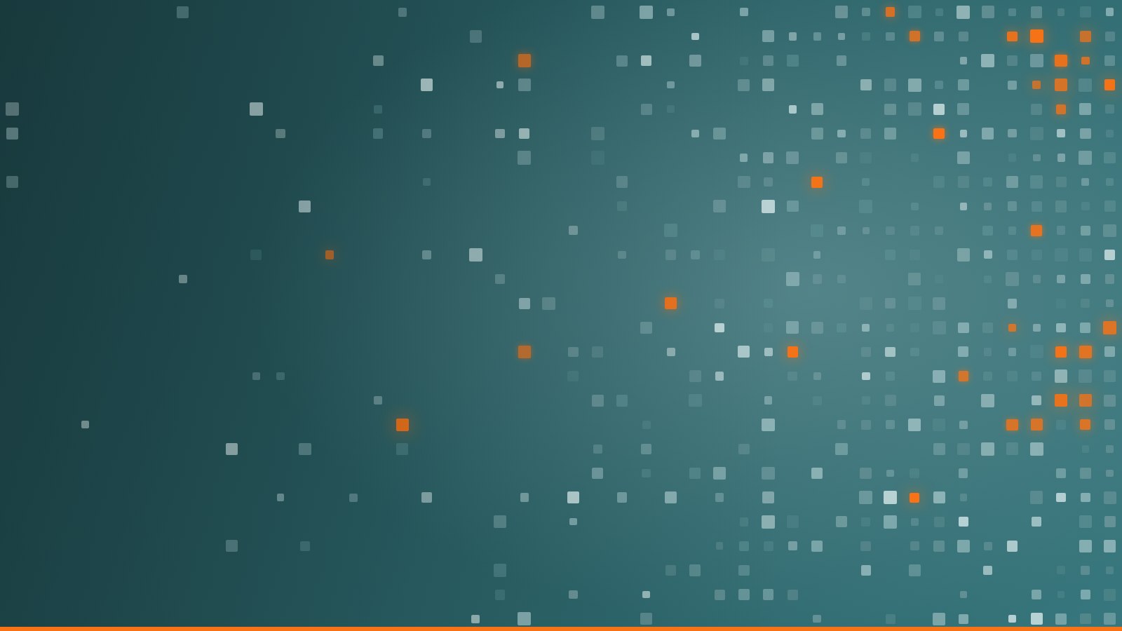 Abstract grid of teal cells thickening left to right, with scattered orange cells marking untested intersections