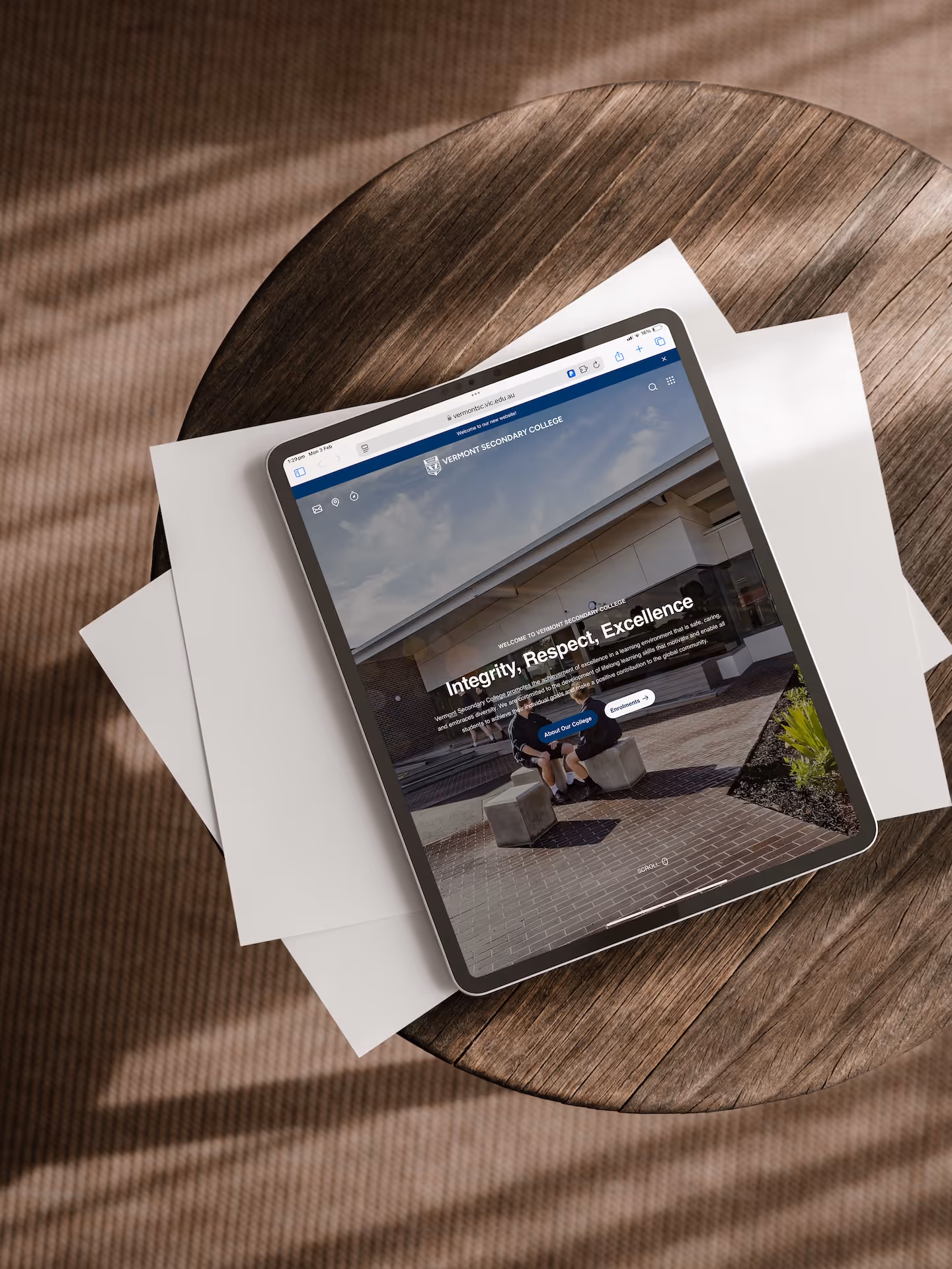 WordPress website design for Vermont Secondary College, showing the school homepage on an iPad tablet device. Designed & developed by Spacey Studios.