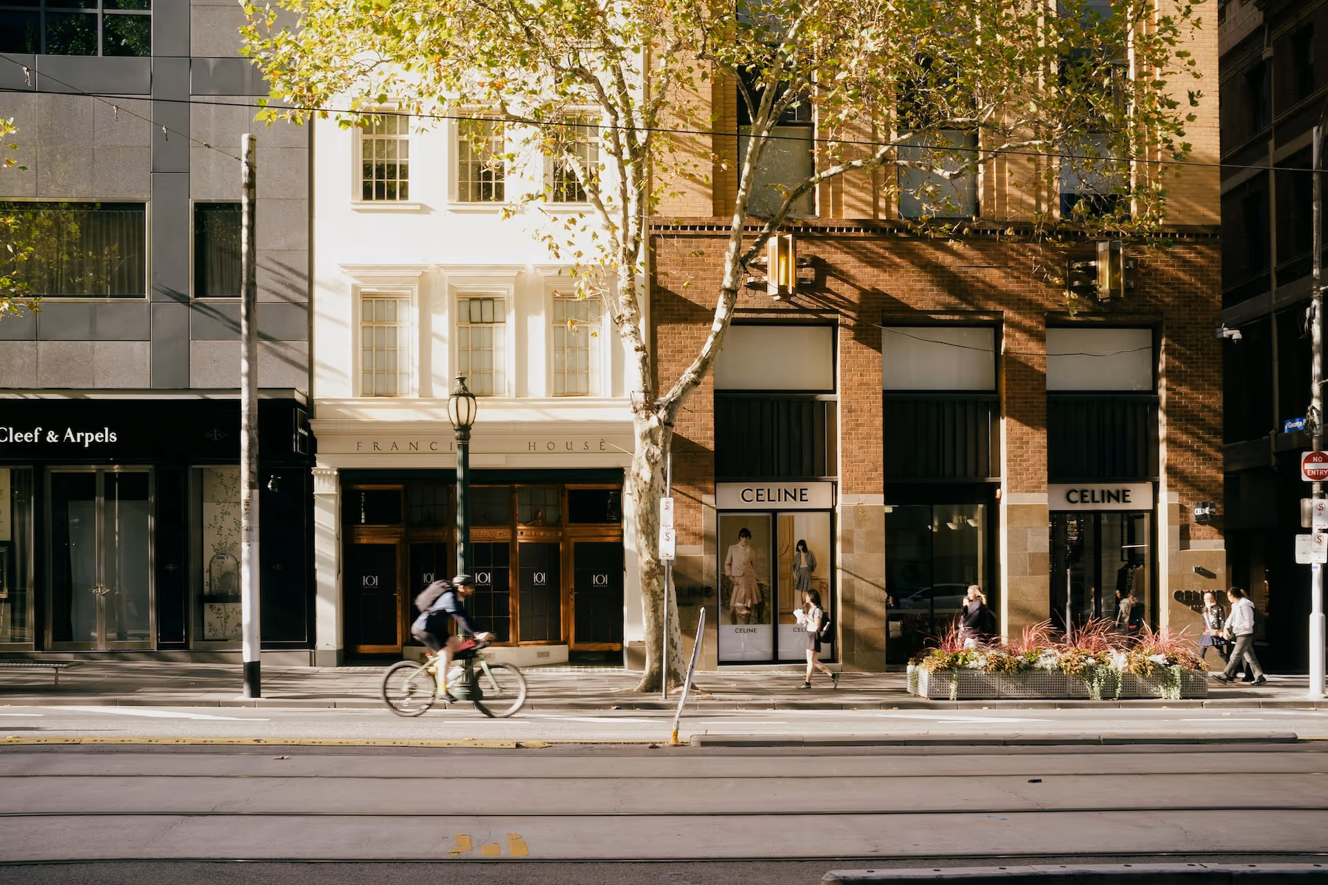 City street with pedestrians, cyclist, trees, and shops.