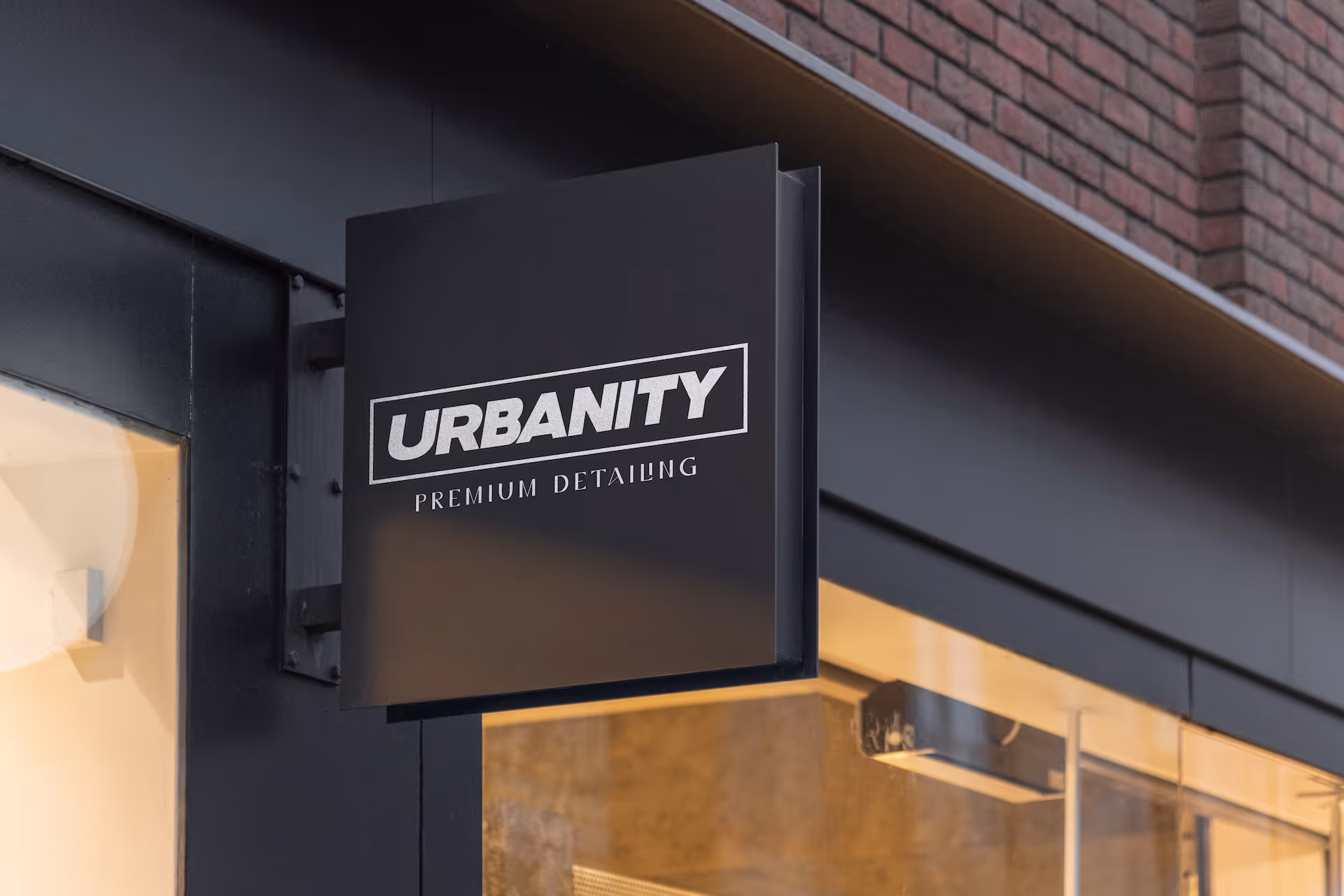 Brand identity for Urbanity Premium Detailing, showcasing signage for the car detailing studio in Melbourne. Designed by Spacey Studios.