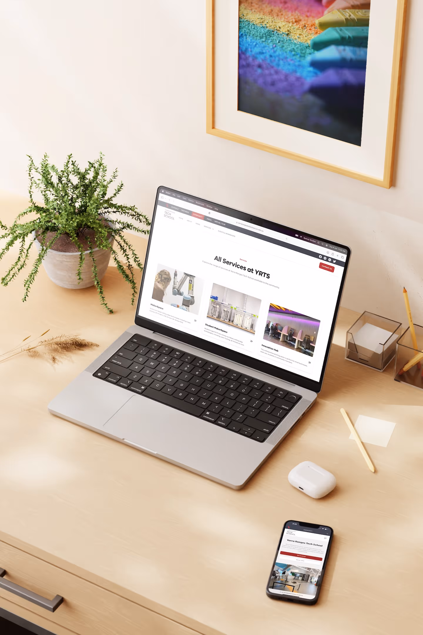 WordPress website design for Yarra Ranges Tech School, hosted by Box Hill Institute. Showcasing the education learning areas on desktop and mobile devices. Designed & developed by Spacey Studios.