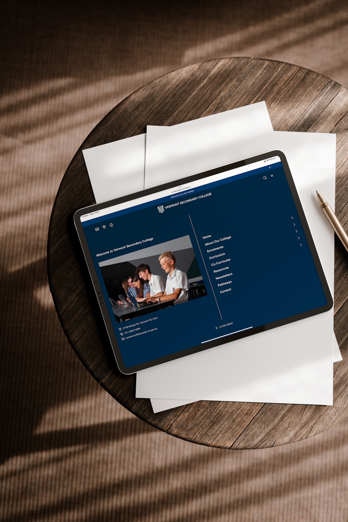 WordPress website design for Vermont Secondary College, showing the school navigation structure on an iPad tablet device. Designed & developed by Spacey Studios.