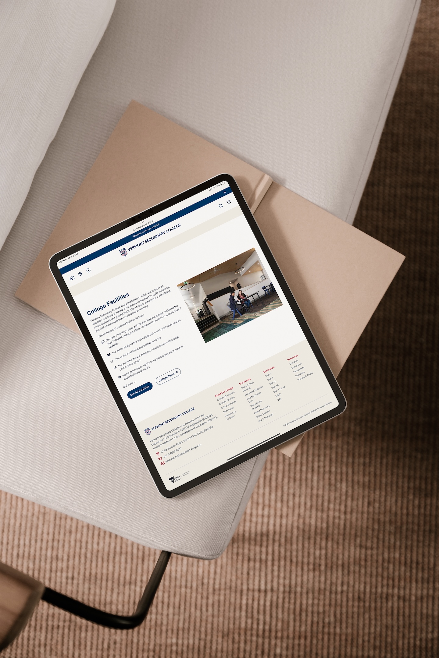 WordPress website design for Vermont Secondary College, showing the school about our college information section on an iPad tablet device. Designed & developed by Spacey Studios.