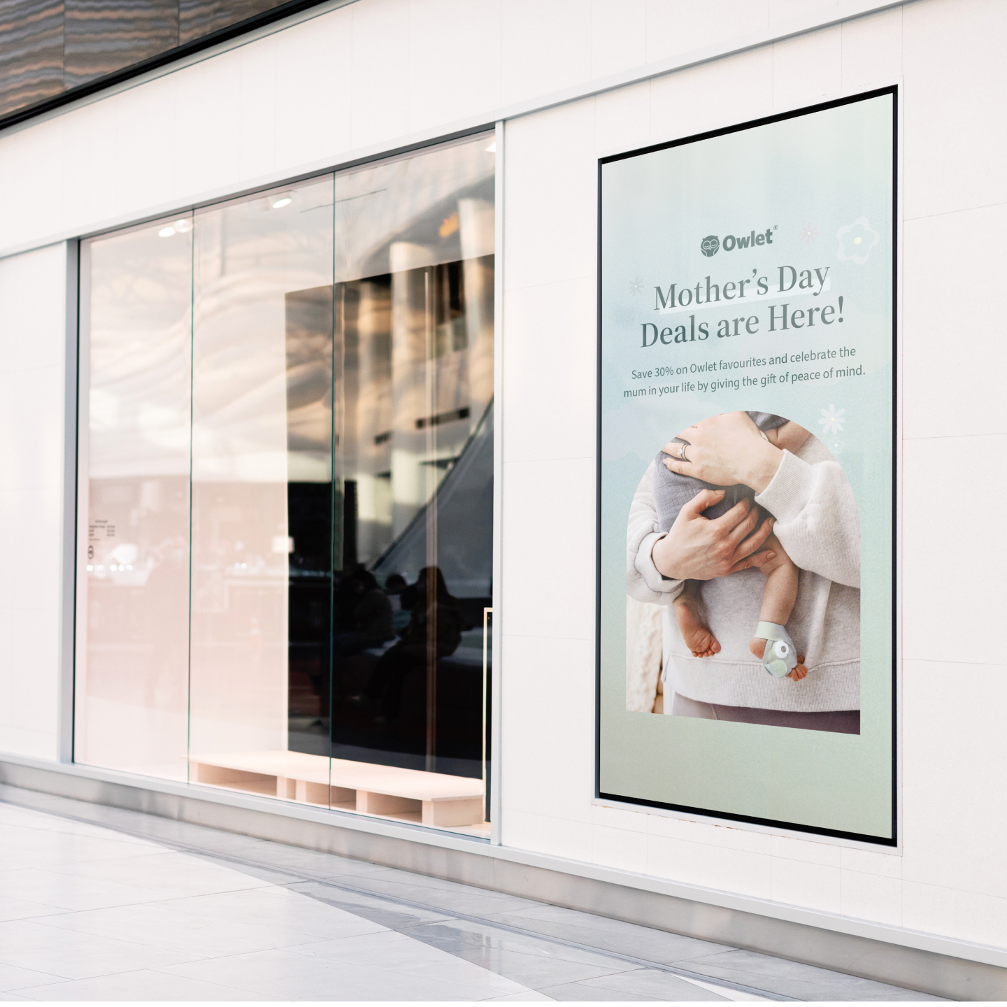 Retail campaign advertisement design for Owlet Baby Care, presented in out of home (OOH) digital advertising format and designed by Spacey Studios.
