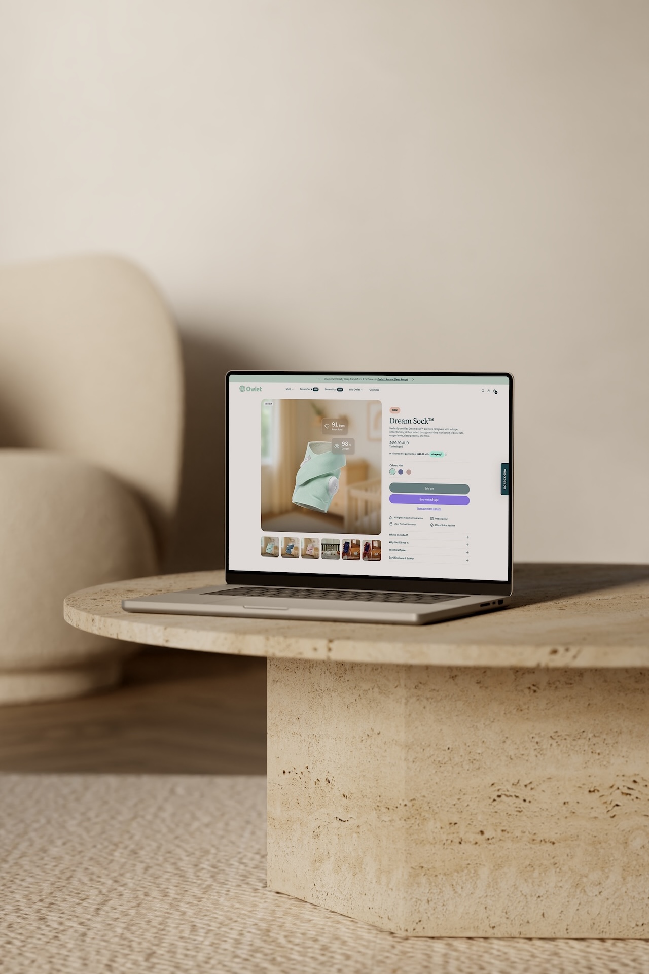 Shopify website design for Owlet Baby Care Australia, showing ecommerce product page on a laptop, developed by Spacey Studios.