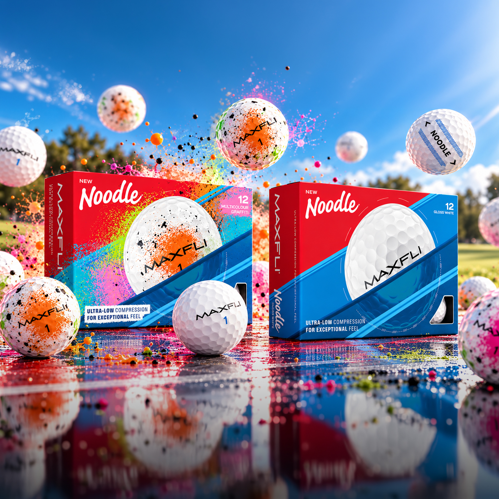 Packaging design for Maxfli Noodle Golf Balls, showing product packaging artwork for the Australian product release. Designed by Spacey Studios.