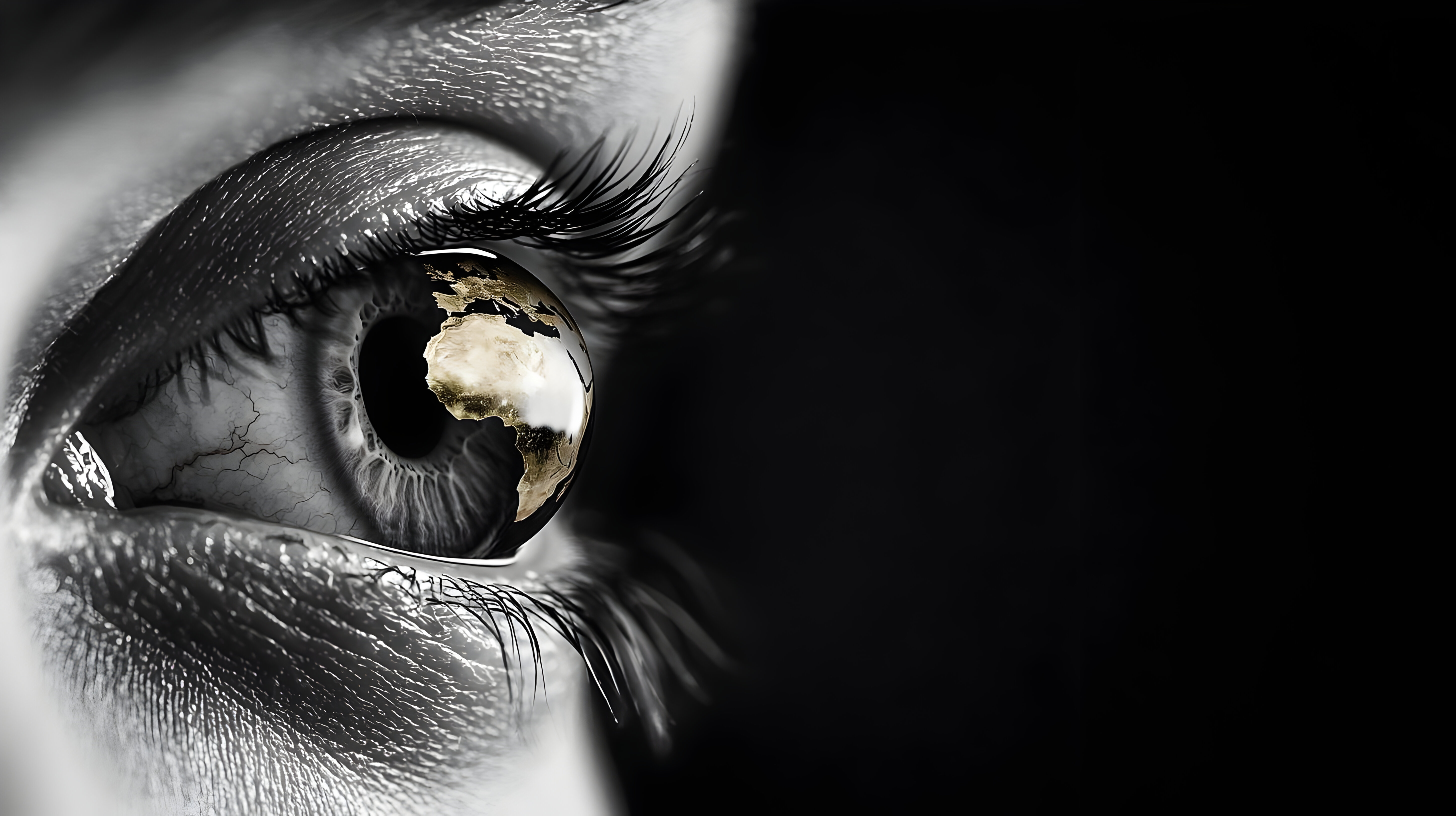 Close-up of an eye with a reflection of the Earth showing the African continent on the iris.