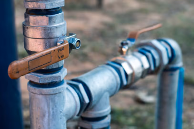 Close-up of metal pipes and valves in an outdoor industrial setting.