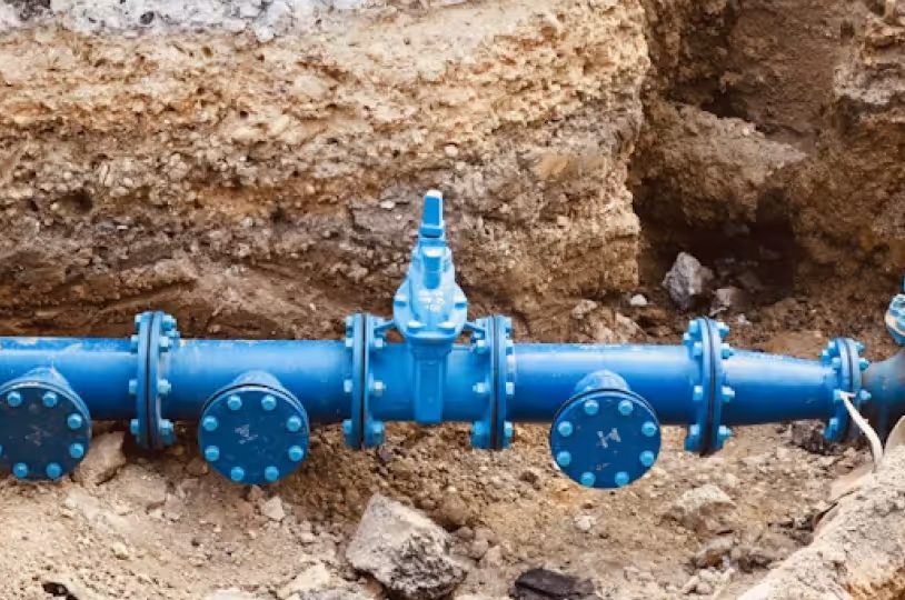 Blue underground water pipeline with a valve installed in a dirt trench.