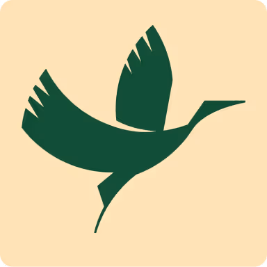 Stylized green bird in flight on a beige background.
