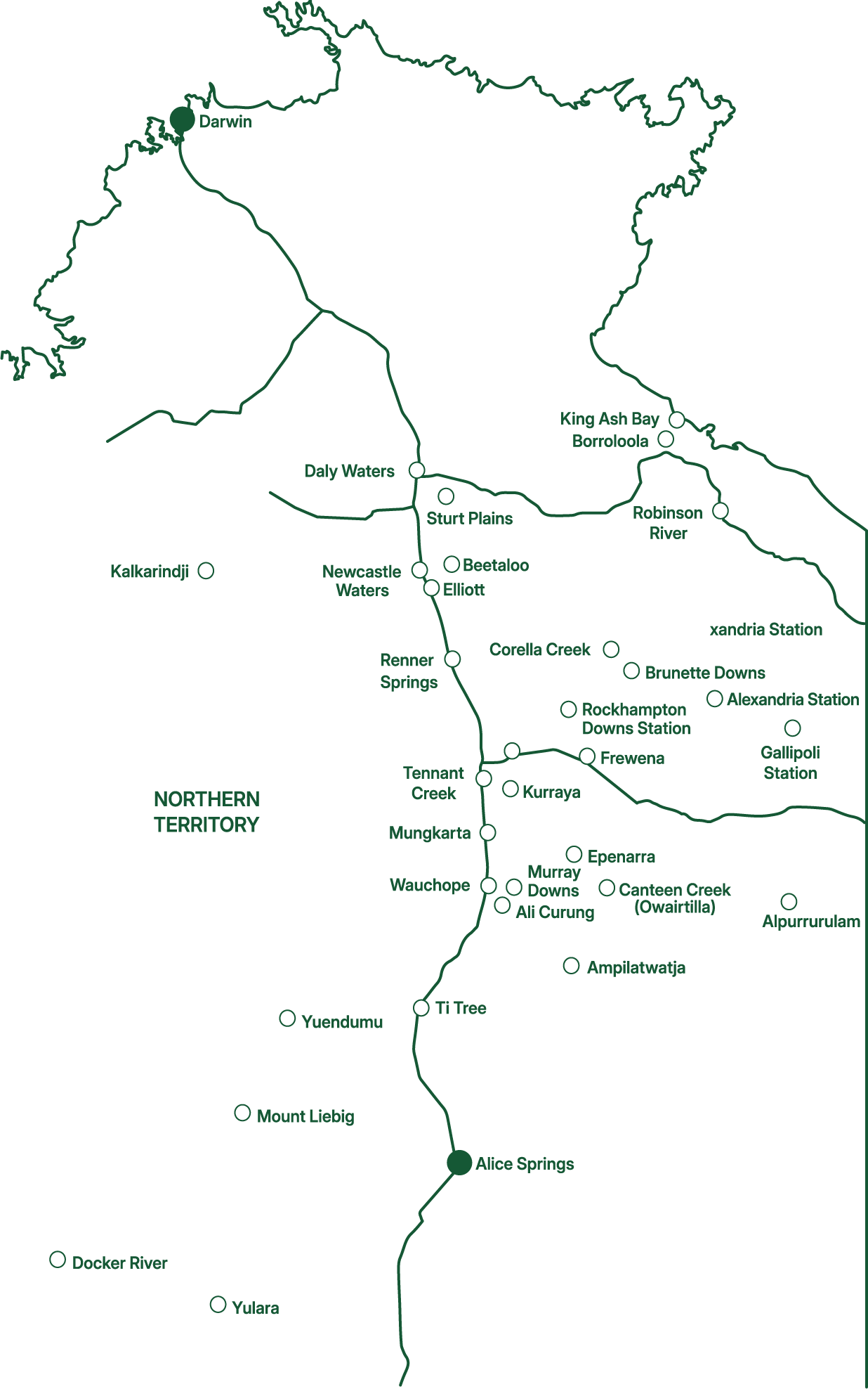 Map of Northern Territory showing locations including Darwin, Alice Springs, Tennant Creek, and various stations such as Rockhampton Downs and Alexandria Station.