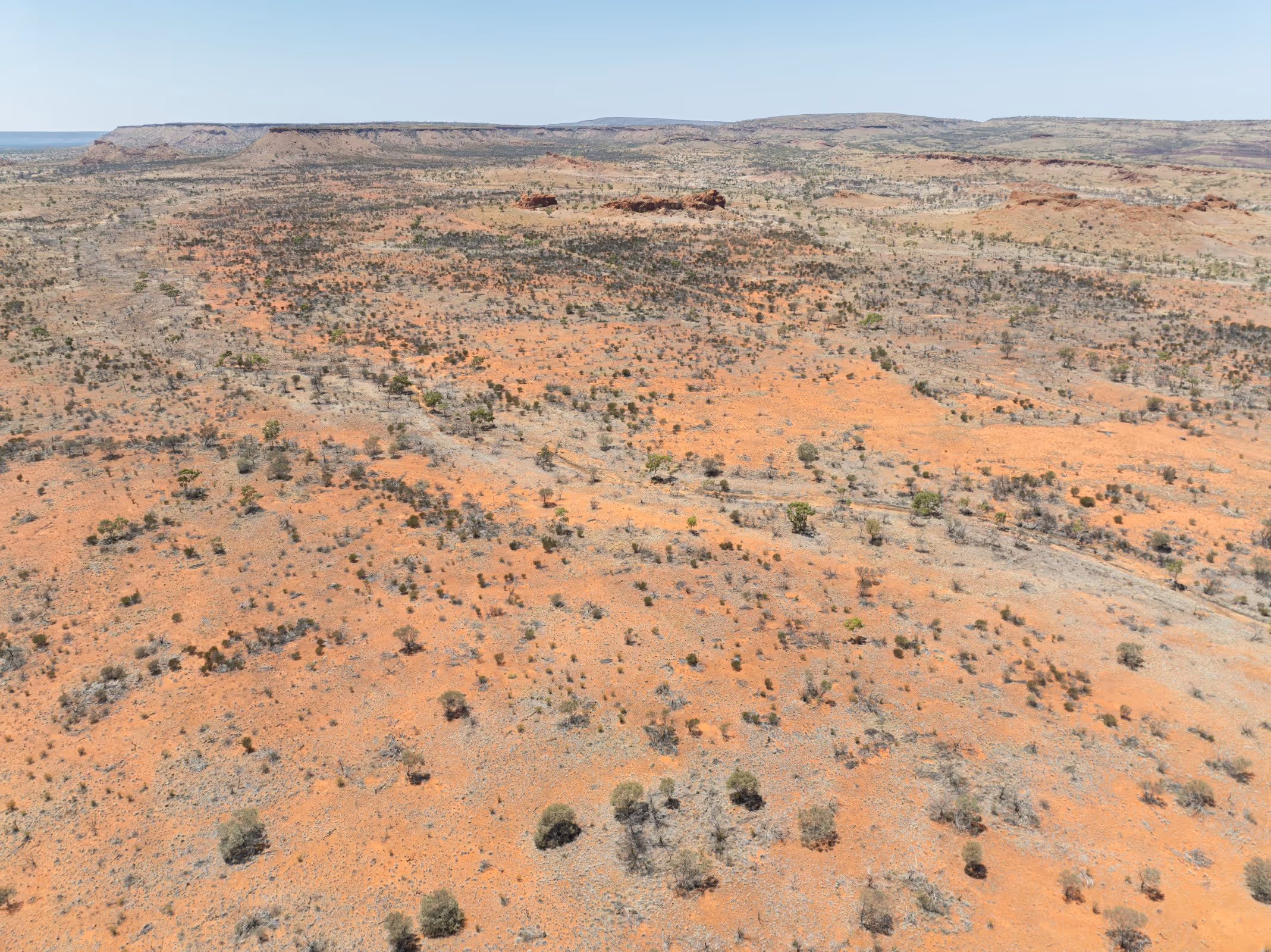Aerial view of an expansive arid landscape with sparse vegetation and distant rocky hills under a clear blue sky.
