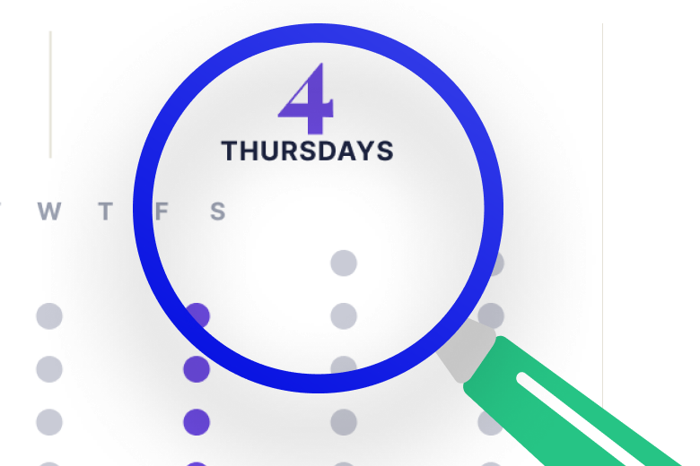 Magnifying glass over four Thursdays on a calendar, showing the calendar illusion in salon revenue data