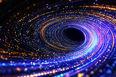 Blue and gold data vortex representing the KIM Report and On Behalf Marketing salon revenue loop