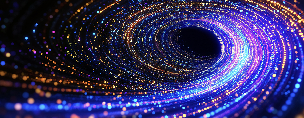 Swirling vortex of blue and gold data particles representing the KIM Report and On Behalf Marketing feedback loop