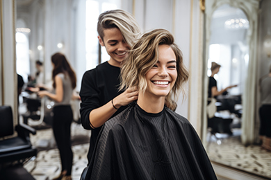 Smiling salon client with her stylist, representing data-driven strategy for salon revenue growth