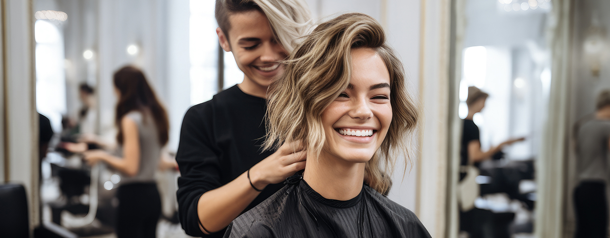 Stylist finishing a smiling client's blowout in a bright salon, illustrating data-driven strategy for salon revenue growth