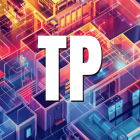 Abstract futuristic cityscape with glowing neon lights in shades of blue, purple, and orange, overlayed with large white letters 'TP'.