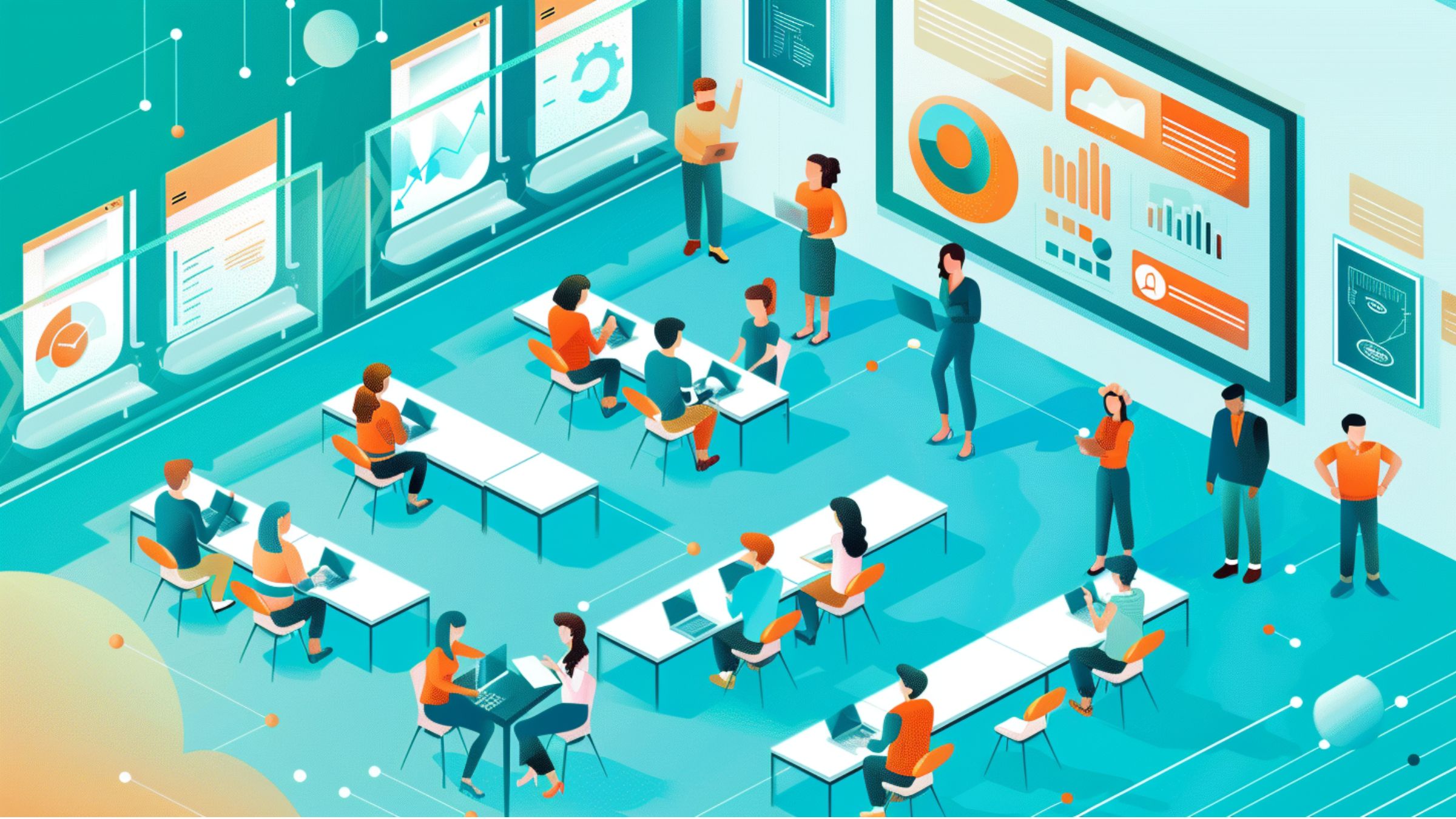 Three young professionals having a friendly meeting in a modern office lounge with laptops on a round table.