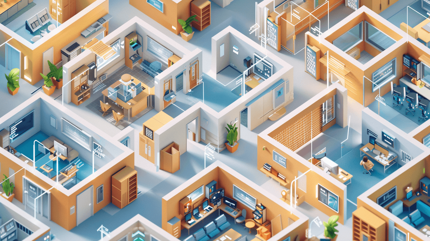 Colorful isometric office with vibrant lighting showing  high-energy collaborative workspace