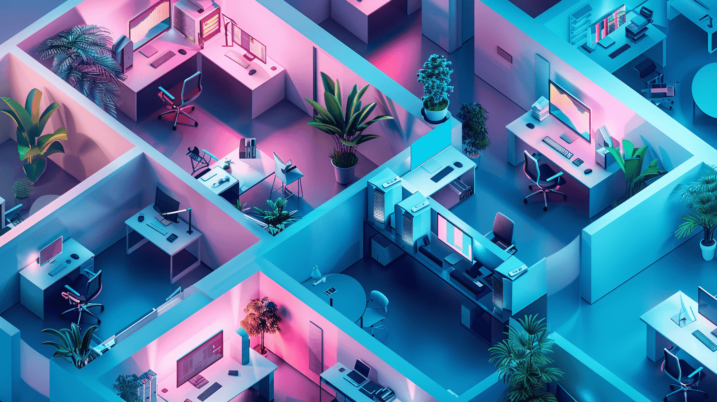 Colorful isometric office with vibrant lighting showing  high-energy collaborative workspace