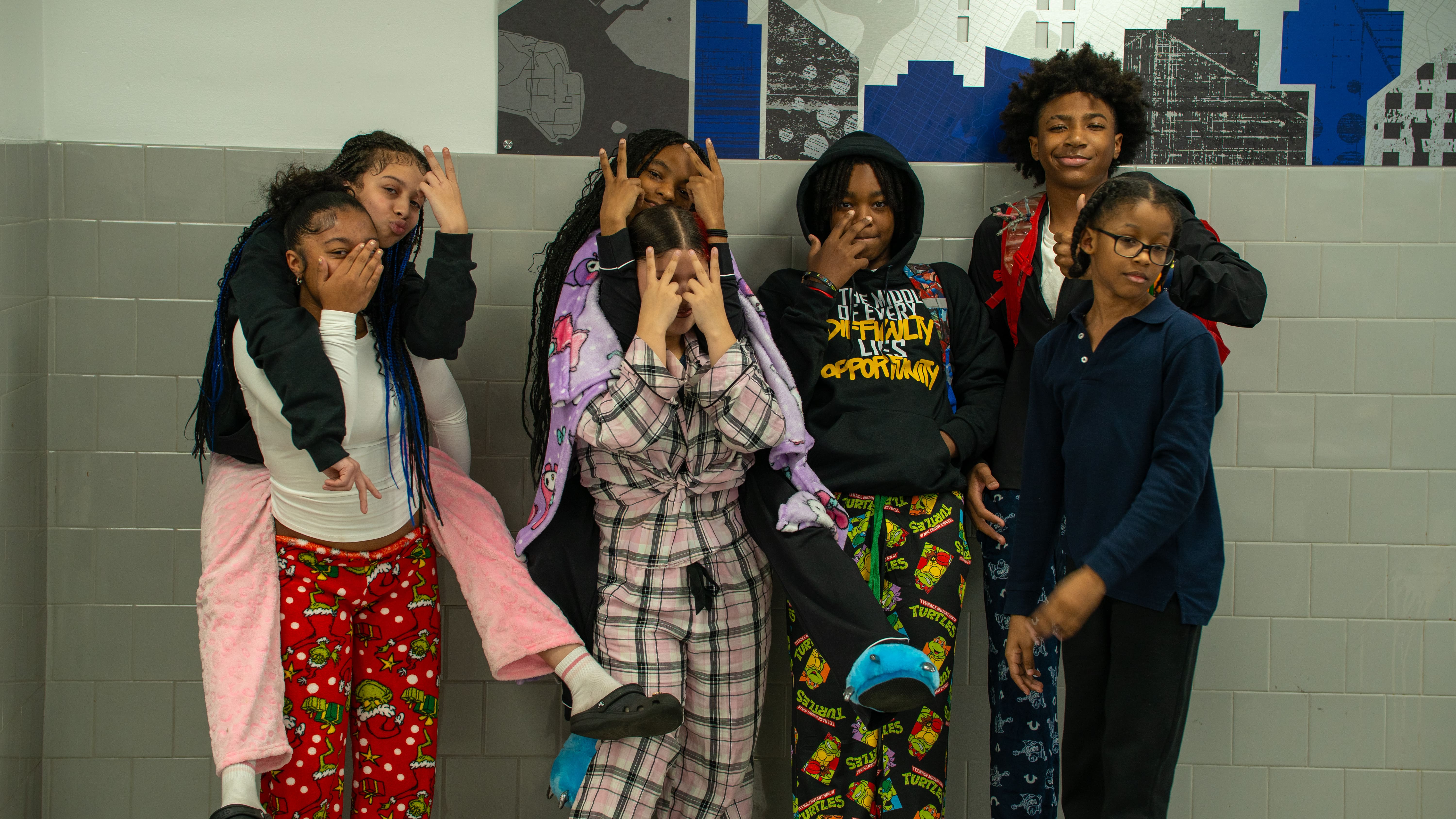 Students celebrating Pajama Day at school