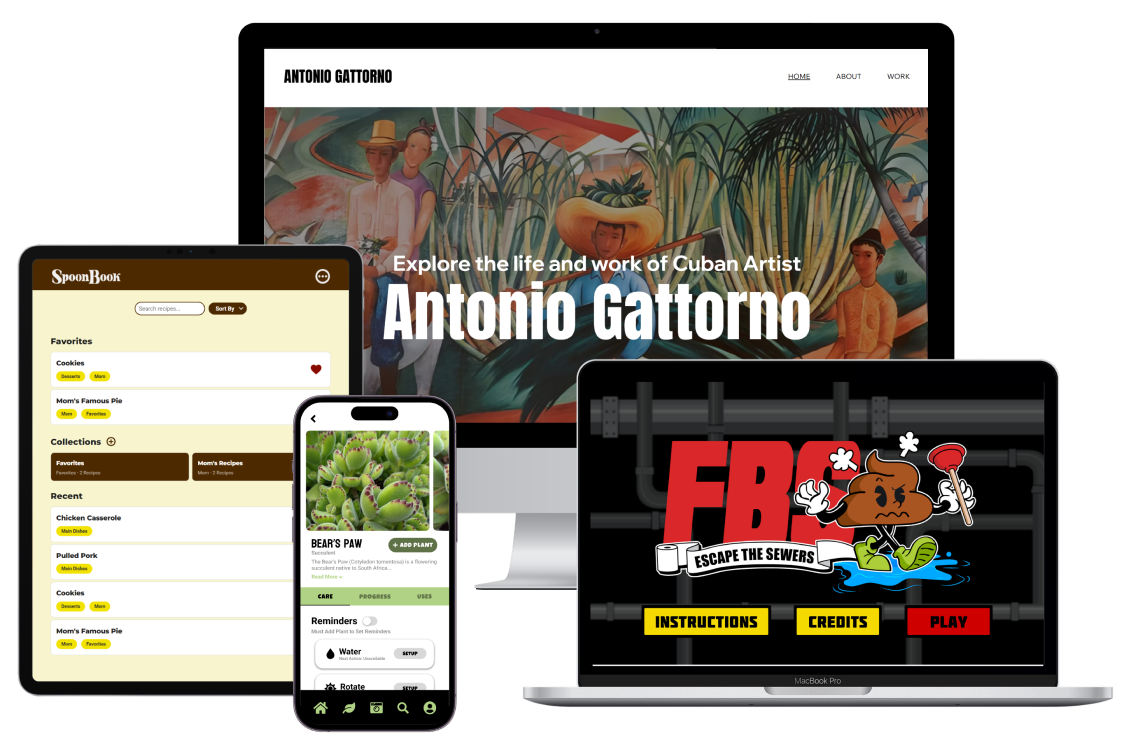 A mockup of a PC, laptop, tablet, and phone showcasing the Gattorno Website, FBS Game, SpoonBook App, and What The Plant App respectively.