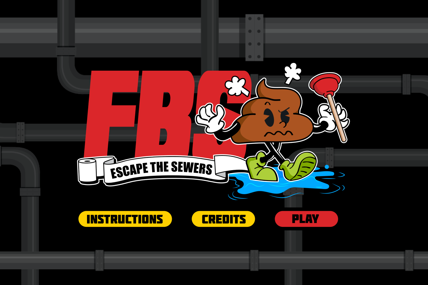 FBS Game main menu which features the logo (a frustrated poop character with toilet paper stuck to his foot) and start game buttons.