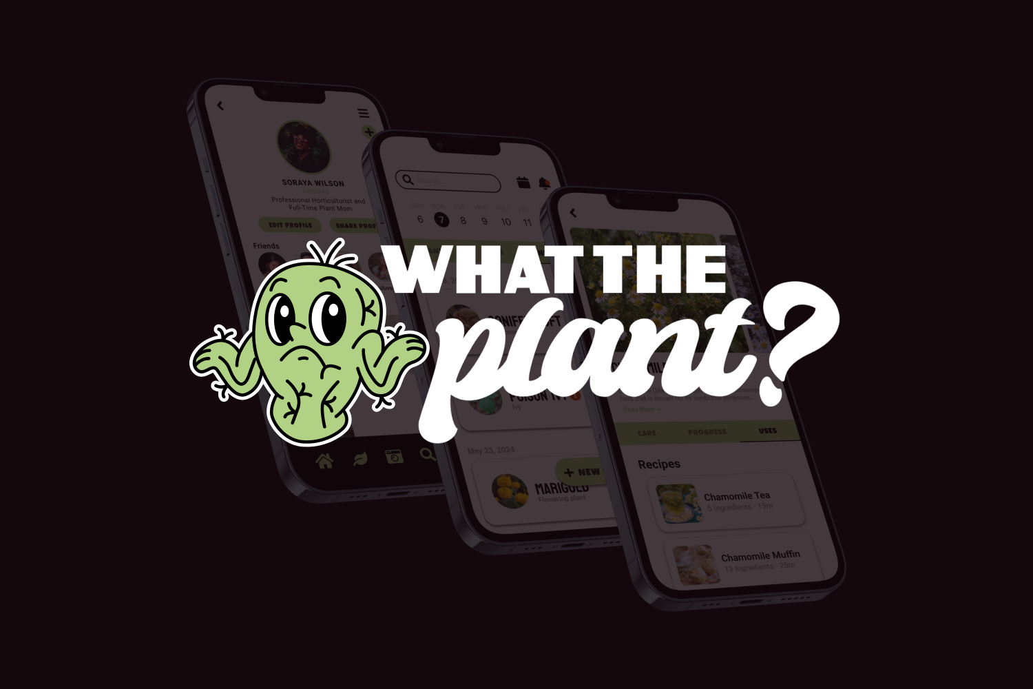 What The Plant logo with three mobile phone mockups of the plant details, plant library, and account screens.