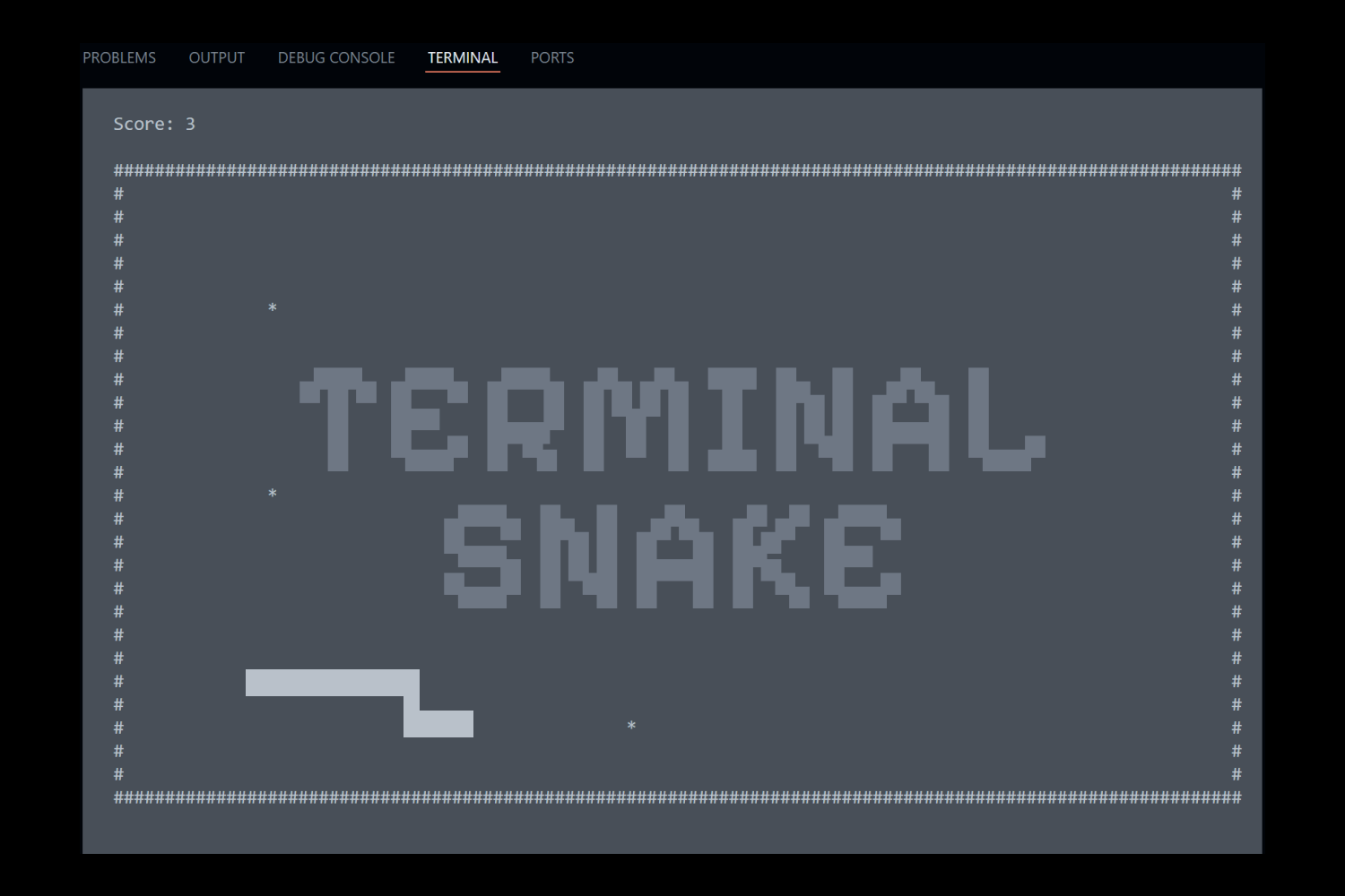 Terminal Snake game play screen with the words "Terminal Snake" overtop in a pixelated font.
