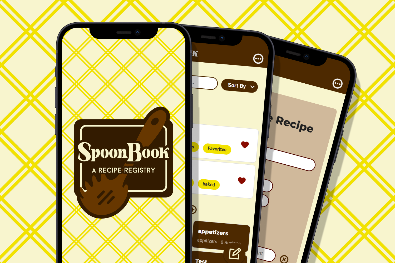 Three mobile phone mockups of the loading, home, and new recipe screens.