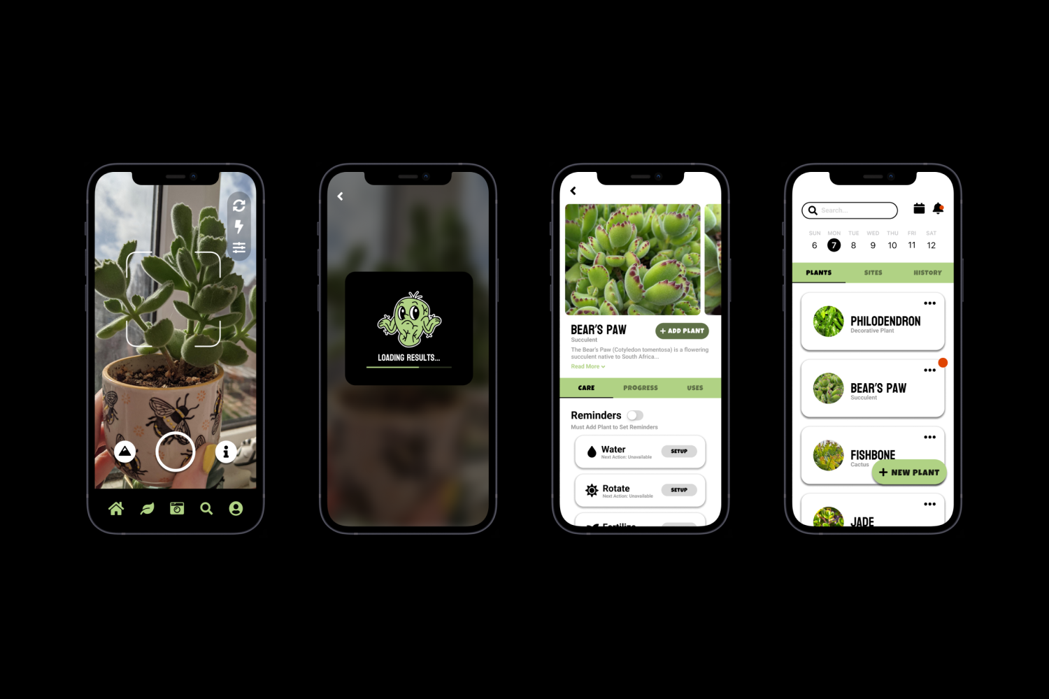 Four mobile phone mockups of the plant identification process: camera, loading, plant details, and plant library screens.