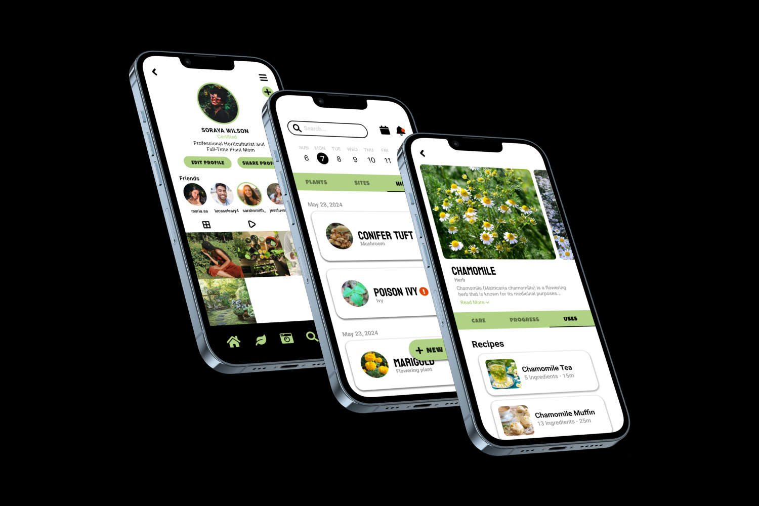 Three mobile phone mockups of the plant details, plant library, and account screens.
